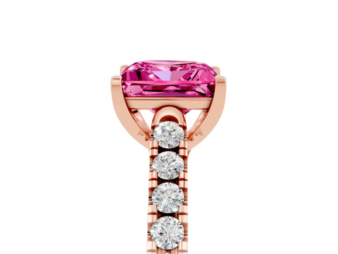 Rose gold {shape_name} Pink Sapphire Solitaire Ring with Pavé Band and Four-Prong Setting_5