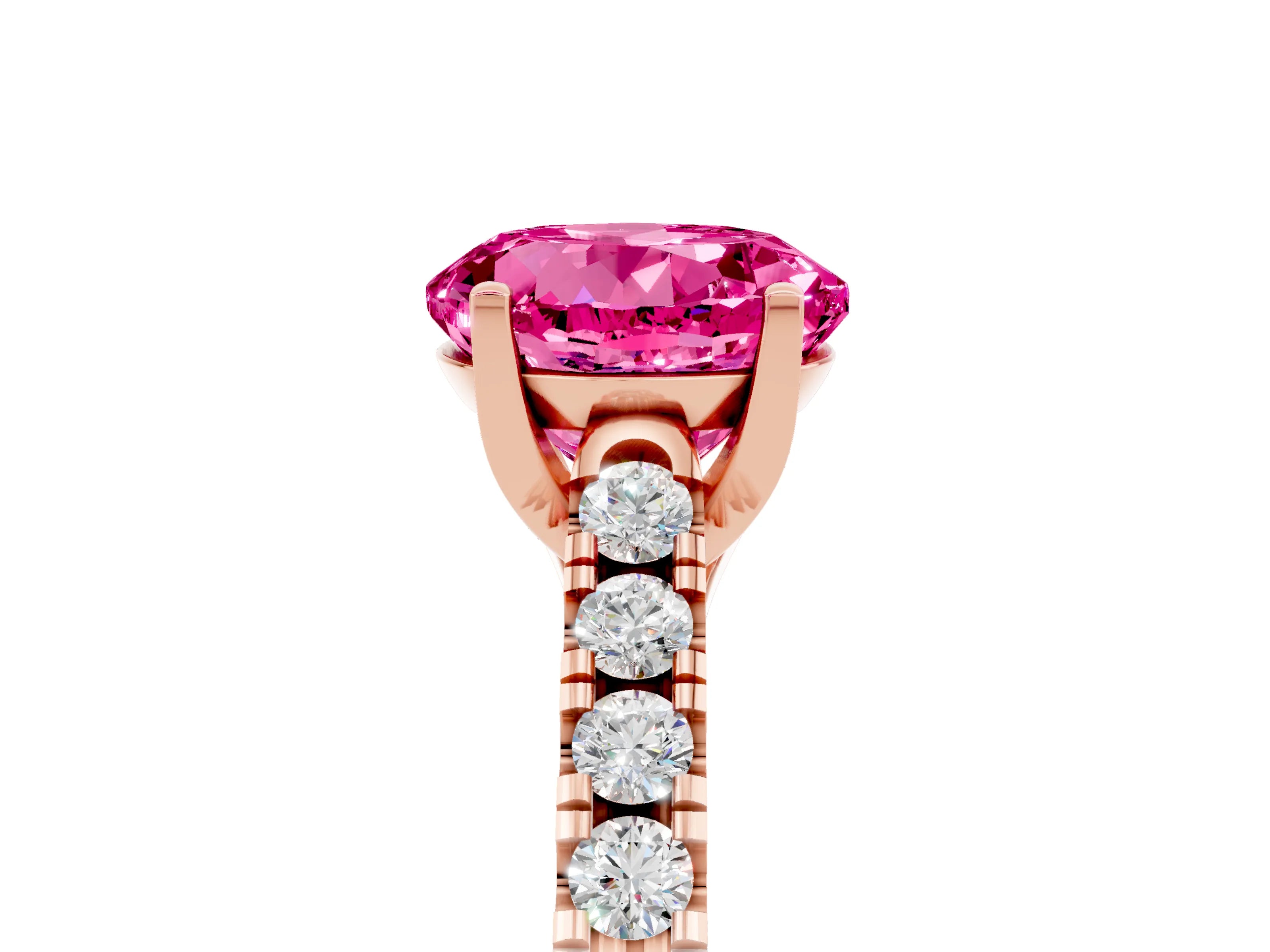 Rose gold {shape_name} Pink Sapphire Solitaire Ring with Pavé Band and Four-Prong Setting_5