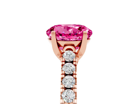 Rose gold {shape_name} Pink Sapphire Solitaire Ring with Pavé Band and Four-Prong Setting_5