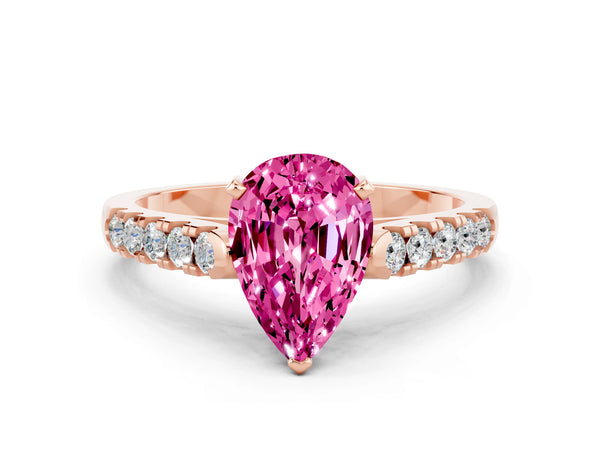 Rose gold Pear Cut Pink Sapphire Pavé Band Solitaire Ring with Prong Setting