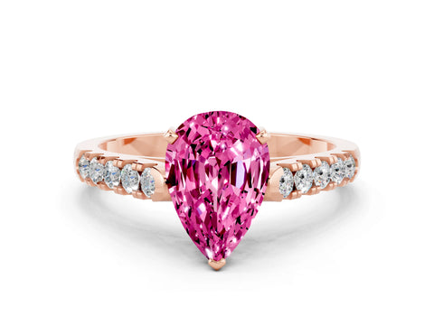 Rose gold {shape_name} Pink Sapphire Solitaire Ring with Pavé Band and Four-Prong Setting