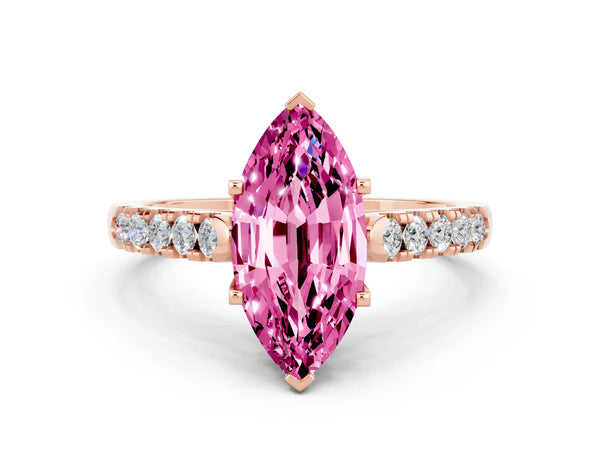 Rose gold Marquise Cut Pink Sapphire Pavé Band Solitaire Ring with Prong Setting