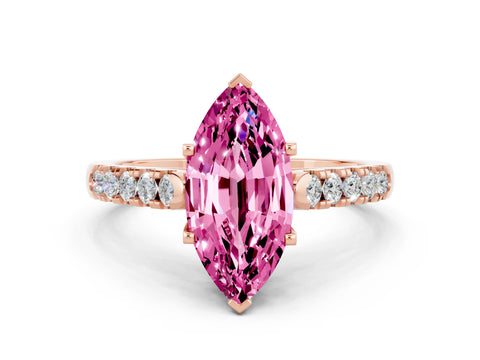Rose gold {shape_name} Pink Sapphire Solitaire Ring with Pavé Band and Four-Prong Setting