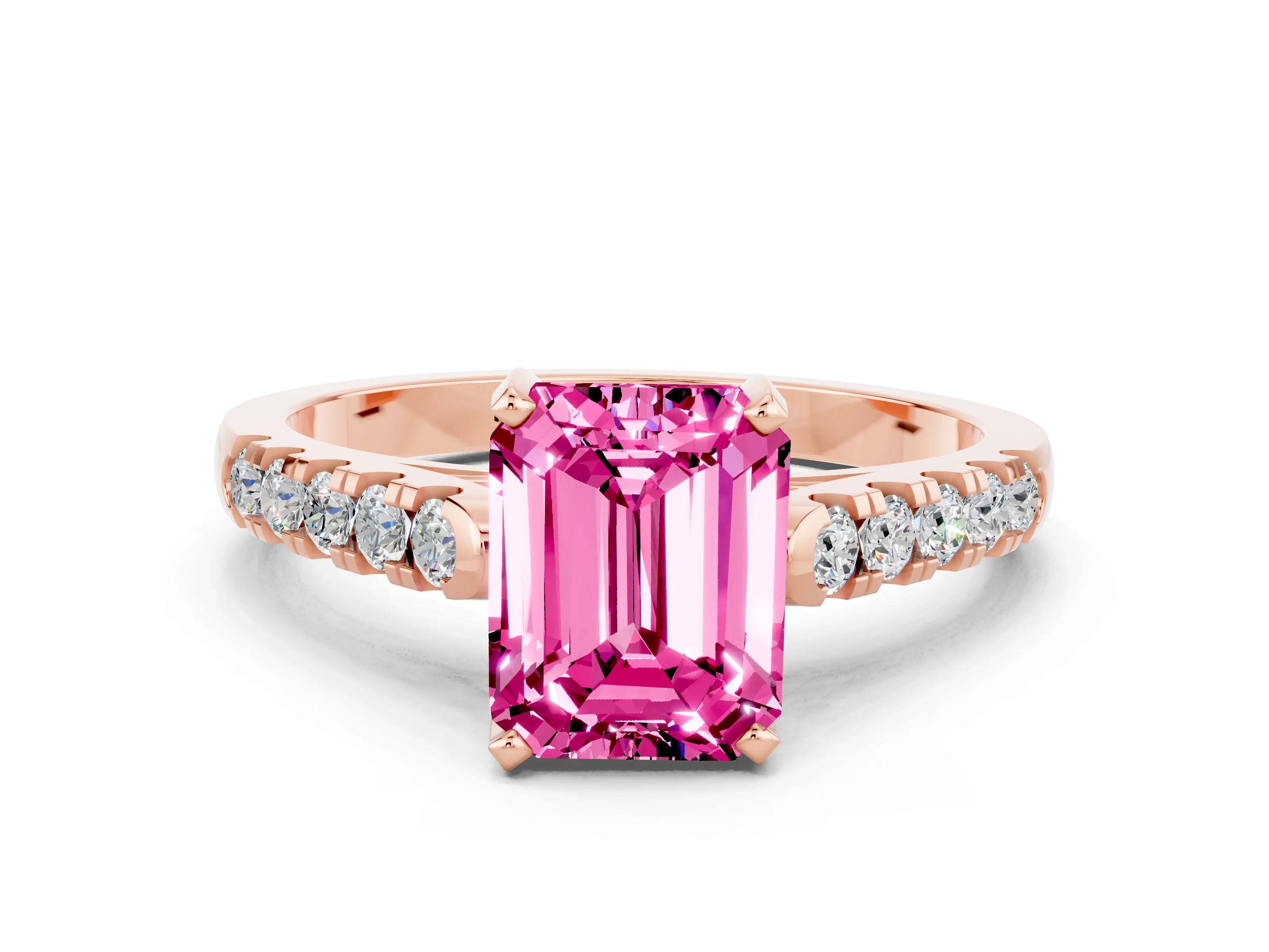 Rose gold {shape_name} Pink Sapphire Solitaire Ring with Pavé Band and Four-Prong Setting