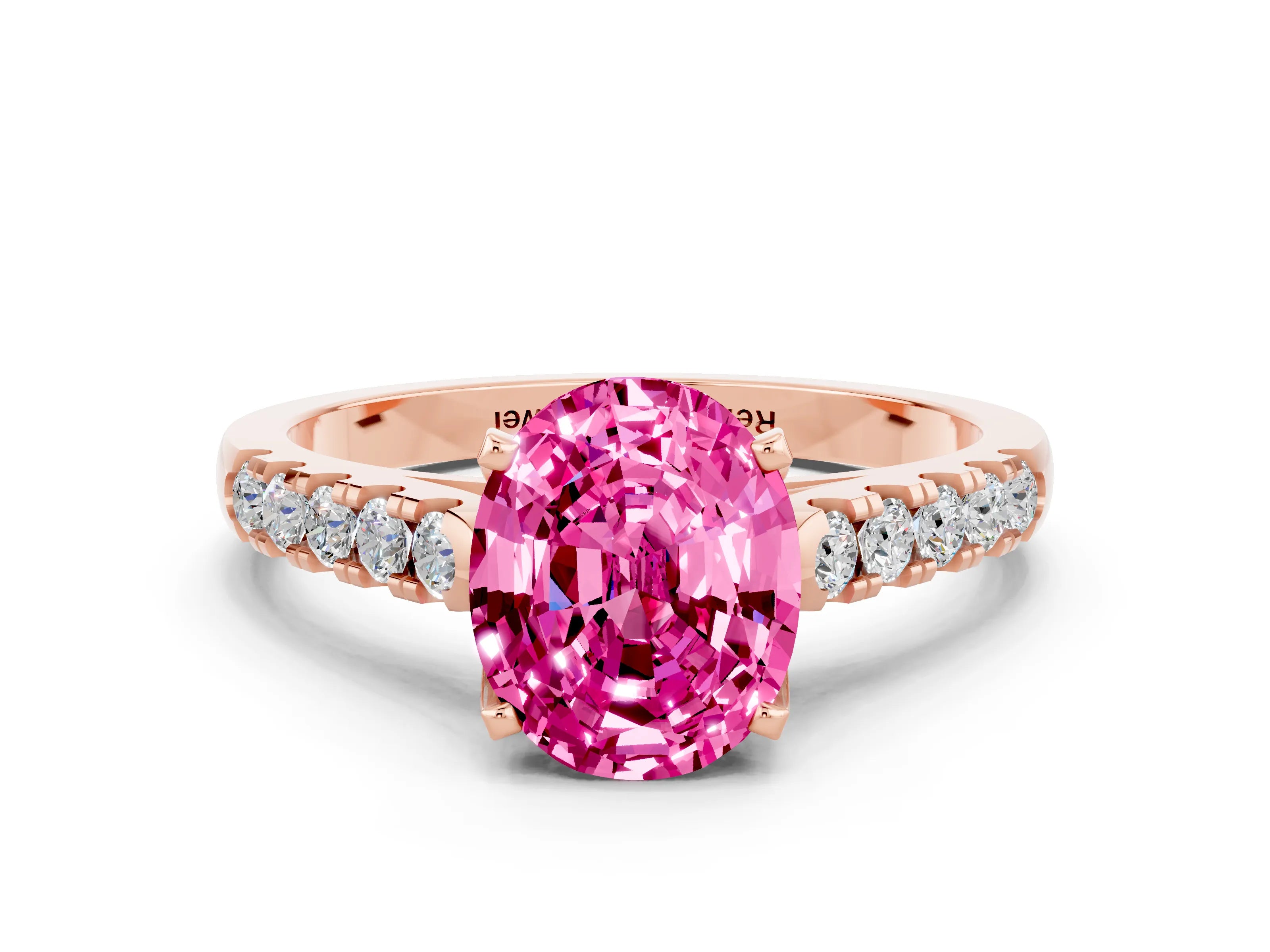 Rose gold {shape_name} Pink Sapphire Solitaire Ring with Pavé Band and Four-Prong Setting