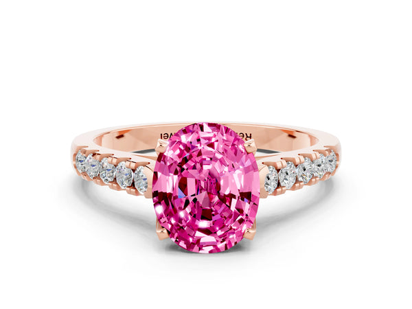Rose gold Oval Cut Pink Sapphire Pavé Band Solitaire Ring with Prong Setting