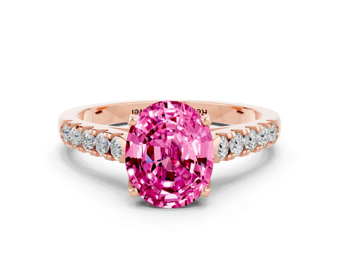 Rose gold {shape_name} Pink Sapphire Solitaire Ring with Pavé Band and Four-Prong Setting