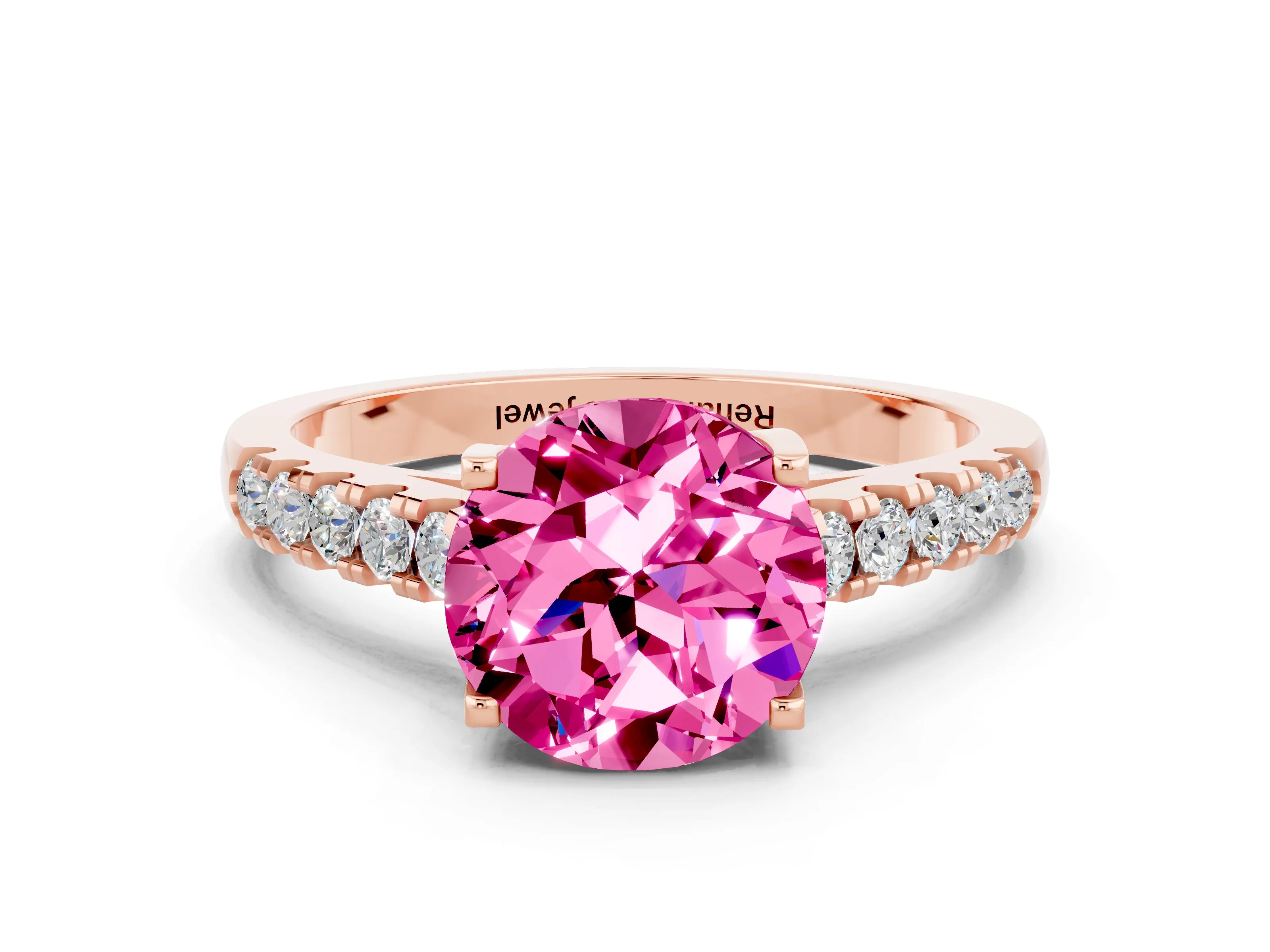 Rose gold {shape_name} Pink Sapphire Solitaire Ring with Pavé Band and Four-Prong Setting