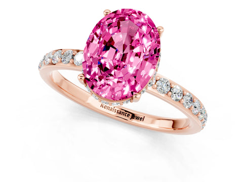 Rose gold {shape_name} Pink Sapphire Solitaire Ring with Pavé Band and Hidden Halo_1