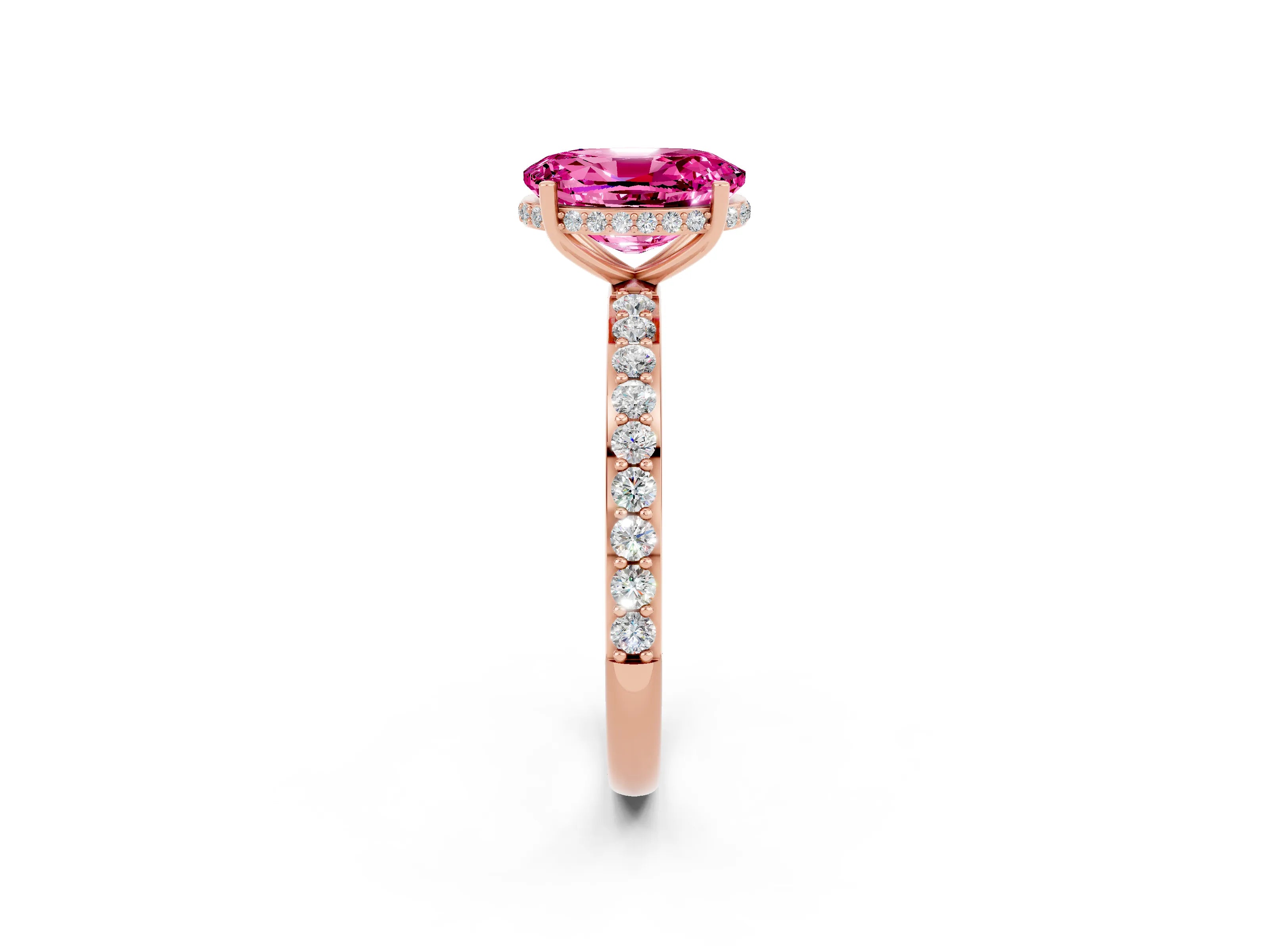 Rose gold {shape_name} Pink Sapphire Solitaire Ring with Pavé Band and Hidden Halo_2