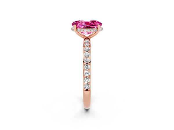 Rose gold Oval Cut Pink Sapphire Solitaire Ring with Pavé Band and Hidden Halo