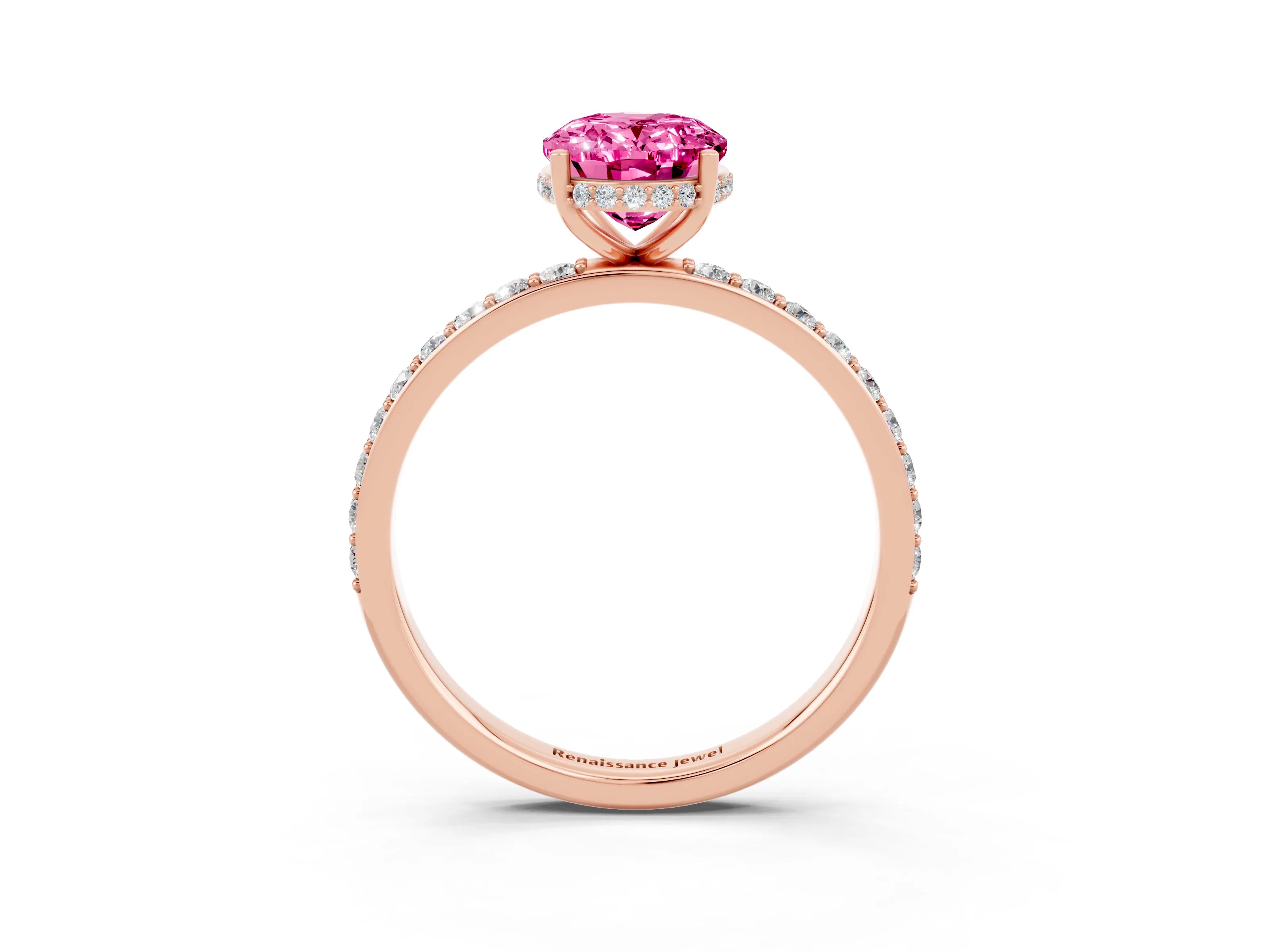Rose gold {shape_name} Pink Sapphire Solitaire Ring with Pavé Band and Hidden Halo_3