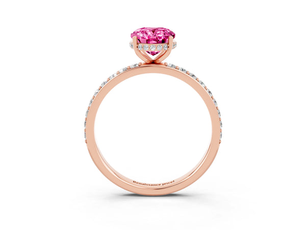 Rose gold Oval Cut Pink Sapphire Solitaire Ring with Pavé Band and Hidden Halo