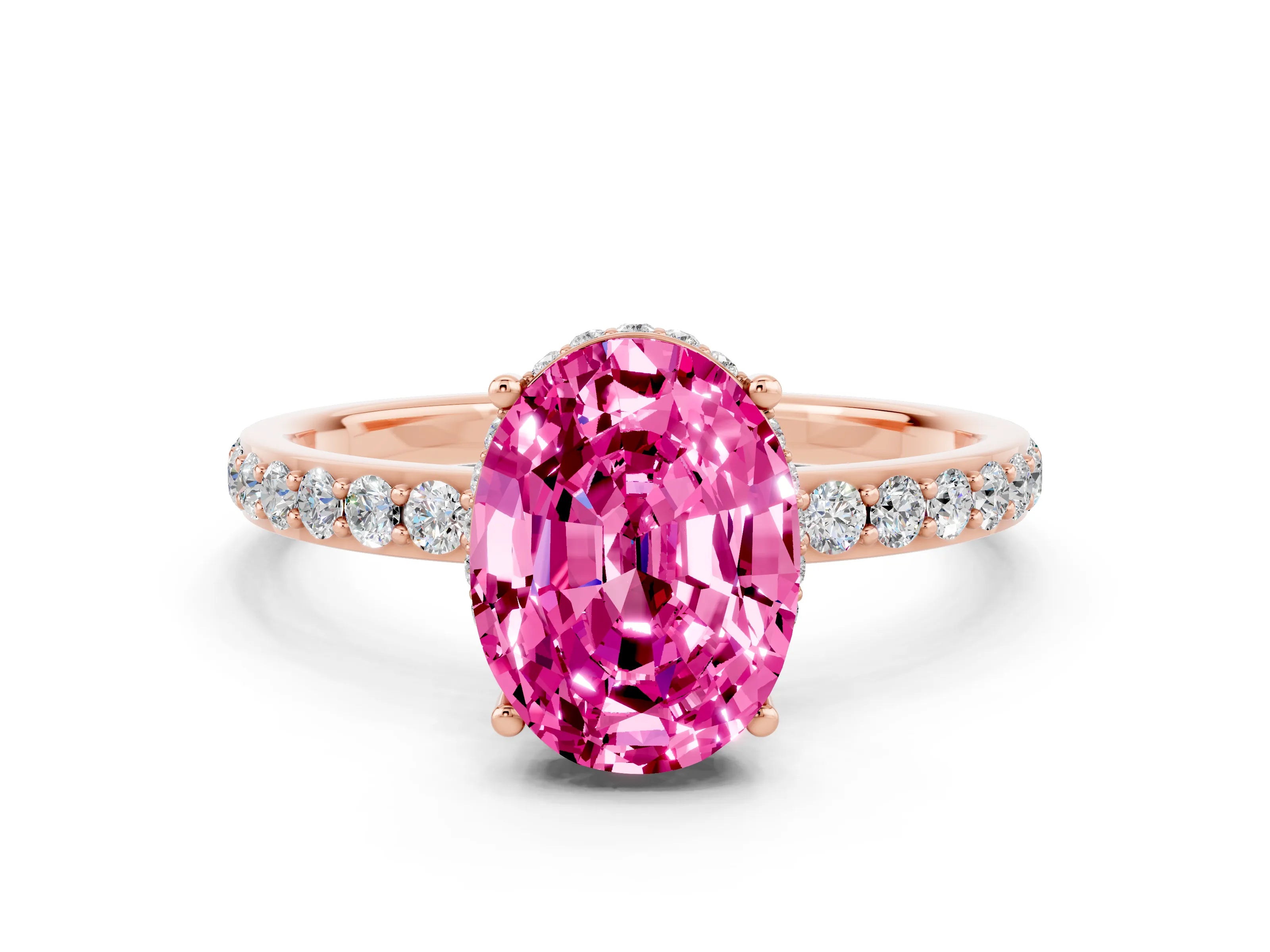 Rose gold {shape_name} Pink Sapphire Solitaire Ring with Pavé Band and Hidden Halo