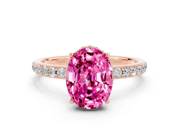 Rose gold Oval Cut Pink Sapphire Solitaire Ring with Pavé Band and Hidden Halo