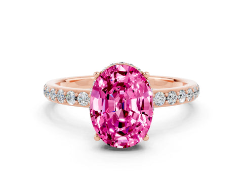 Rose gold {shape_name} Pink Sapphire Solitaire Ring with Pavé Band and Hidden Halo