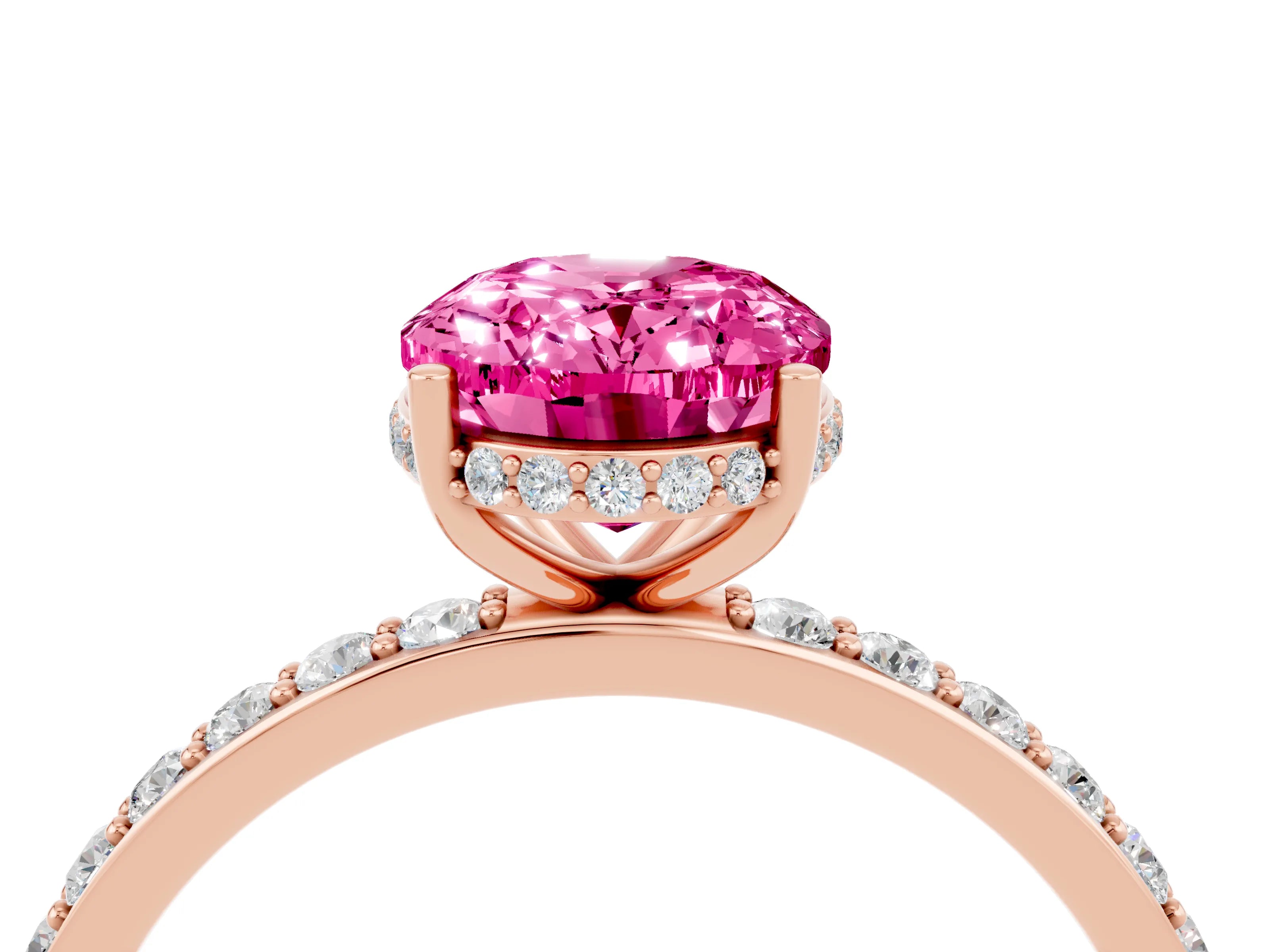 Rose gold {shape_name} Pink Sapphire Solitaire Ring with Pavé Band and Hidden Halo_4