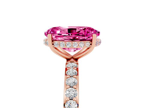Rose gold {shape_name} Pink Sapphire Solitaire Ring with Pavé Band and Hidden Halo_5