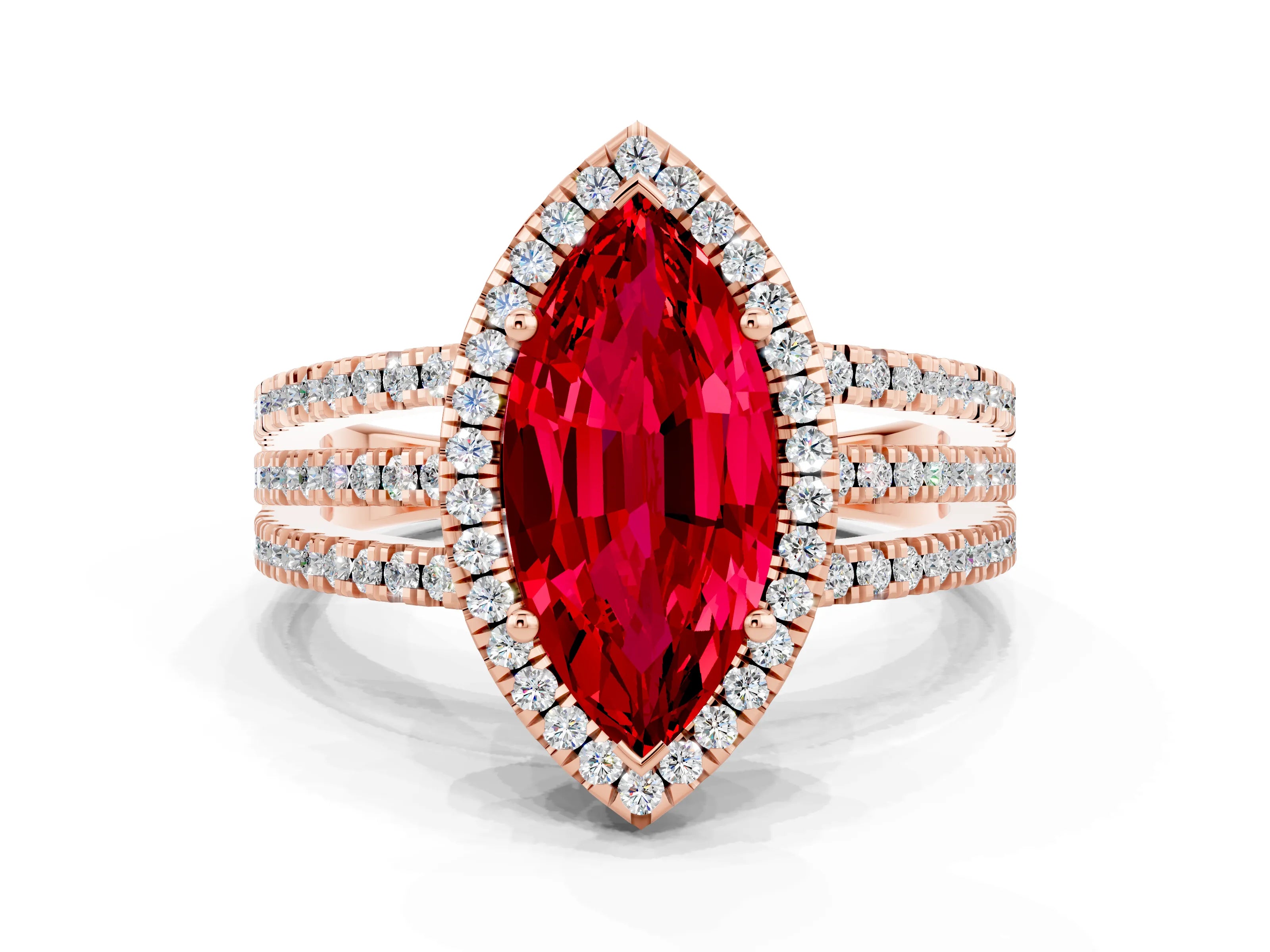 Rose gold {shape_name} Ruby Halo Engagement Ring with Split Shank and Four-Prong Setting