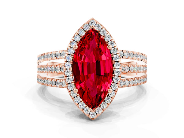Rose gold Marquise Cut Ruby Halo Engagement Ring with Split Shank and Four-Prong Setting