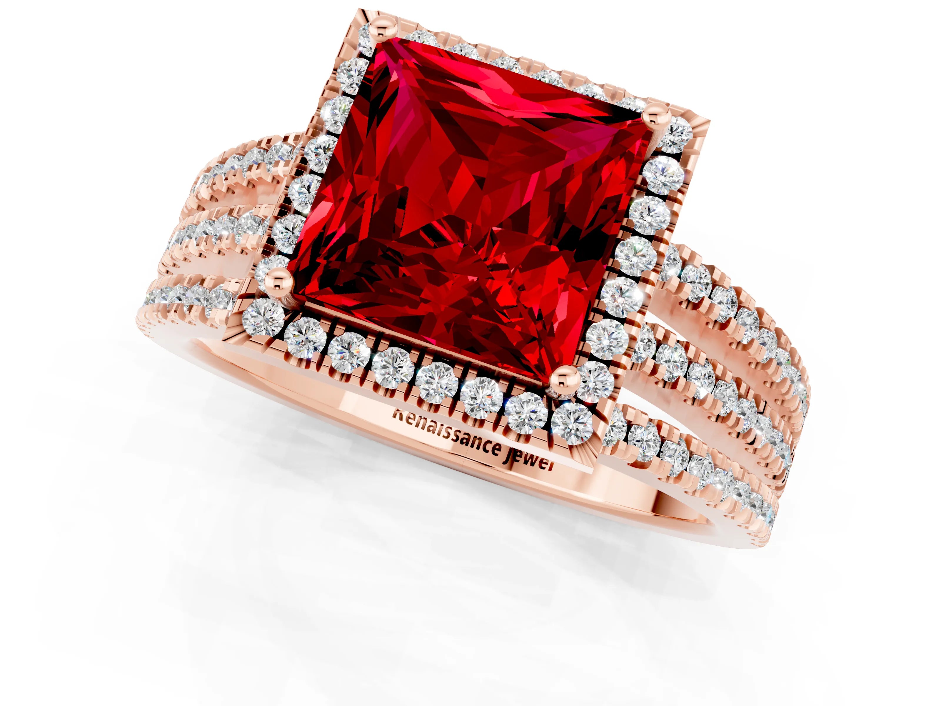 Rose gold {shape_name} Ruby Halo Engagement Ring with Split Shank and Four-Prong Setting_1