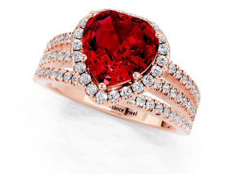 Rose gold {shape_name} Ruby Halo Engagement Ring with Split Shank and Four-Prong Setting_1