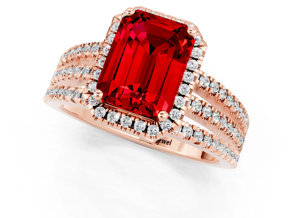 Rose gold Emerald Cut Ruby Halo Engagement Ring with Split Shank and Four-Prong Setting