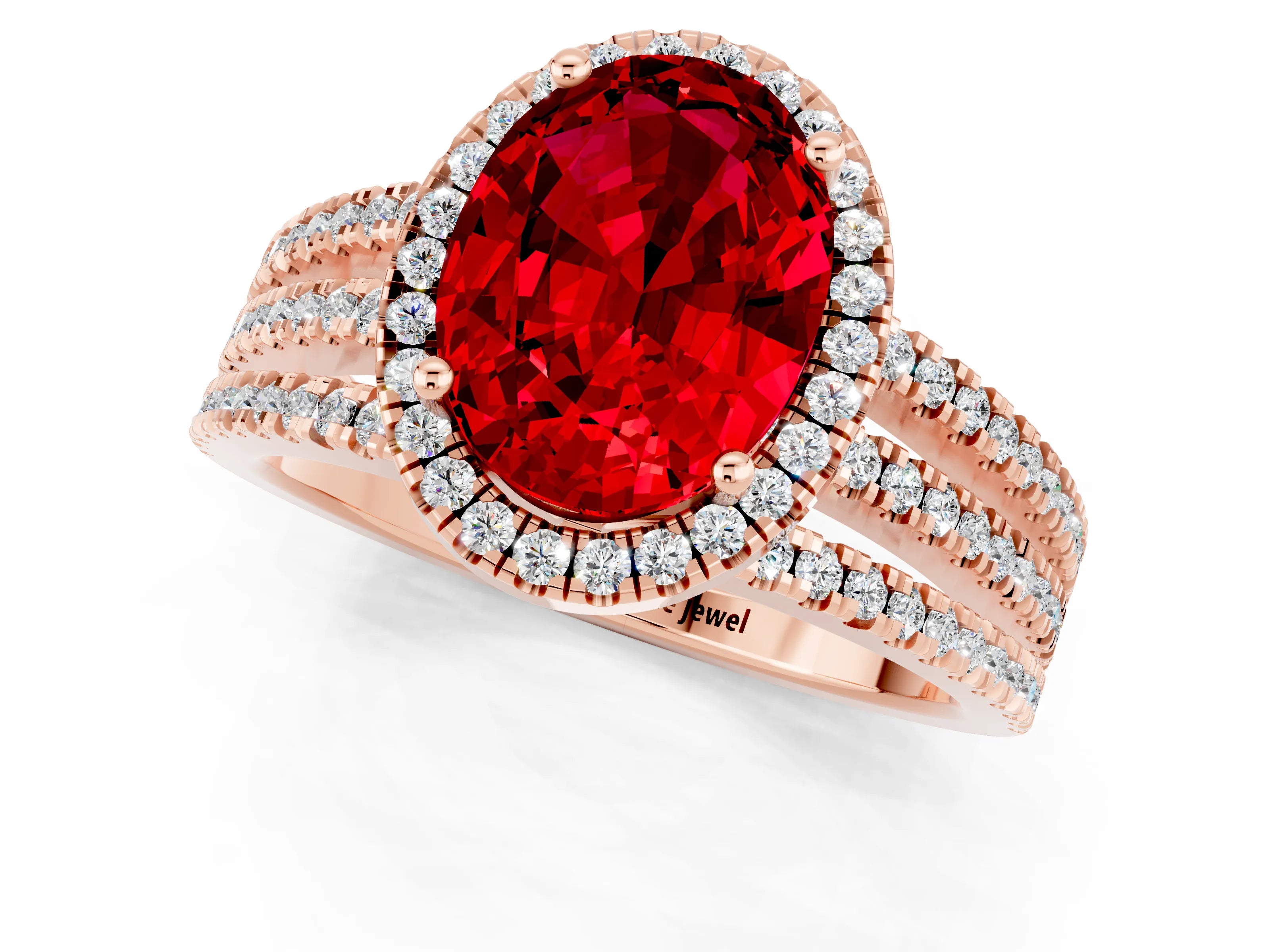 Rose gold {shape_name} Ruby Halo Engagement Ring with Split Shank and Four-Prong Setting_1