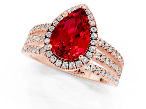 Rose gold {shape_name} Ruby Halo Engagement Ring with Split Shank and Four-Prong Setting_1