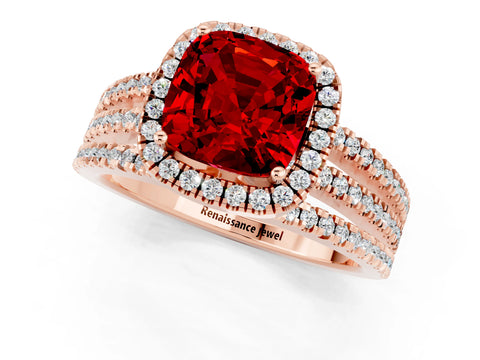 Rose gold {shape_name} Ruby Halo Engagement Ring with Split Shank and Four-Prong Setting_1