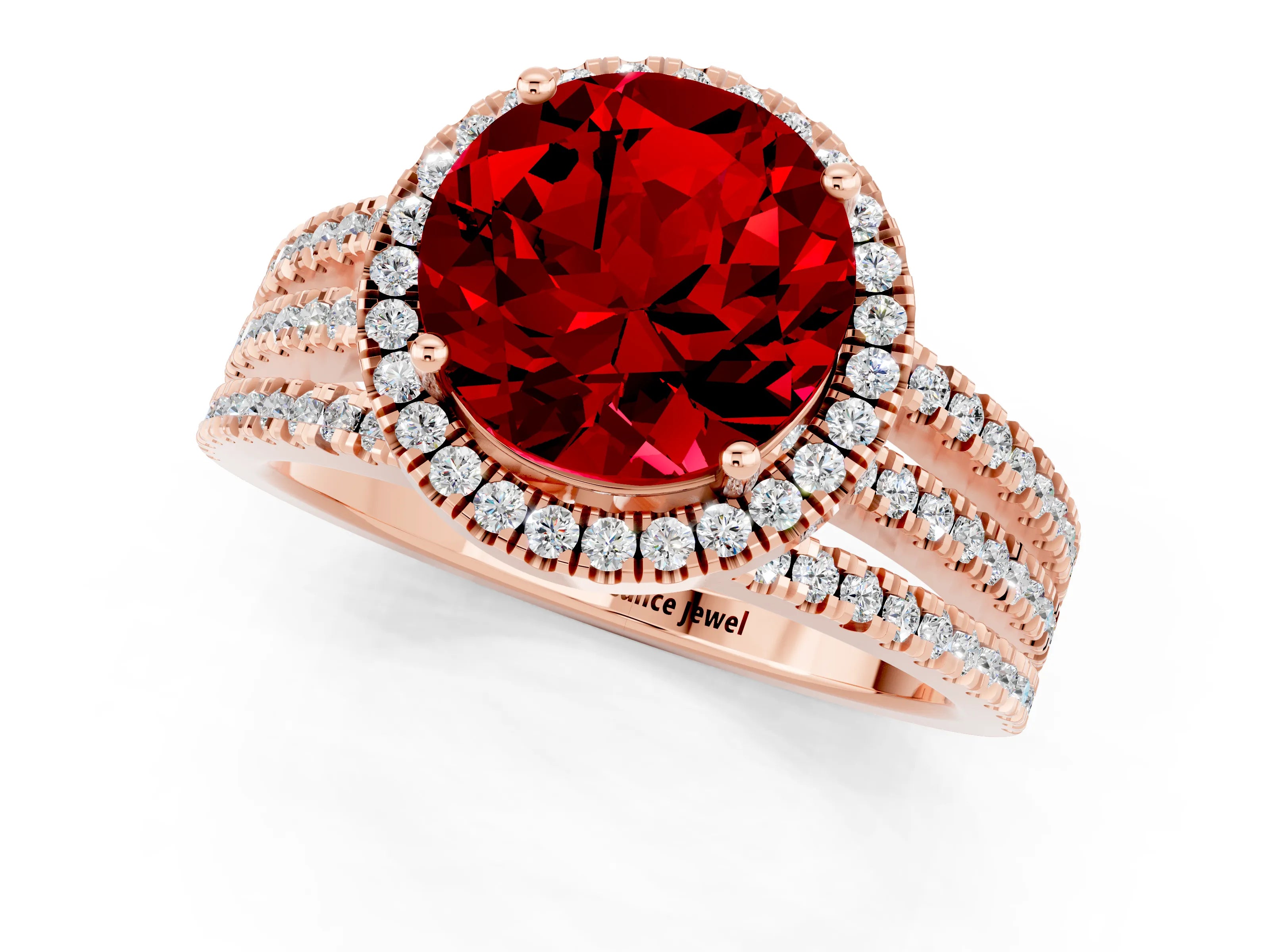 Rose gold {shape_name} Ruby Halo Engagement Ring with Split Shank and Four-Prong Setting_1