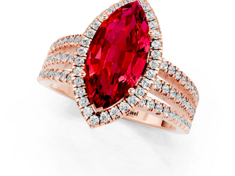 Rose gold {shape_name} Ruby Halo Engagement Ring with Split Shank and Four-Prong Setting_1