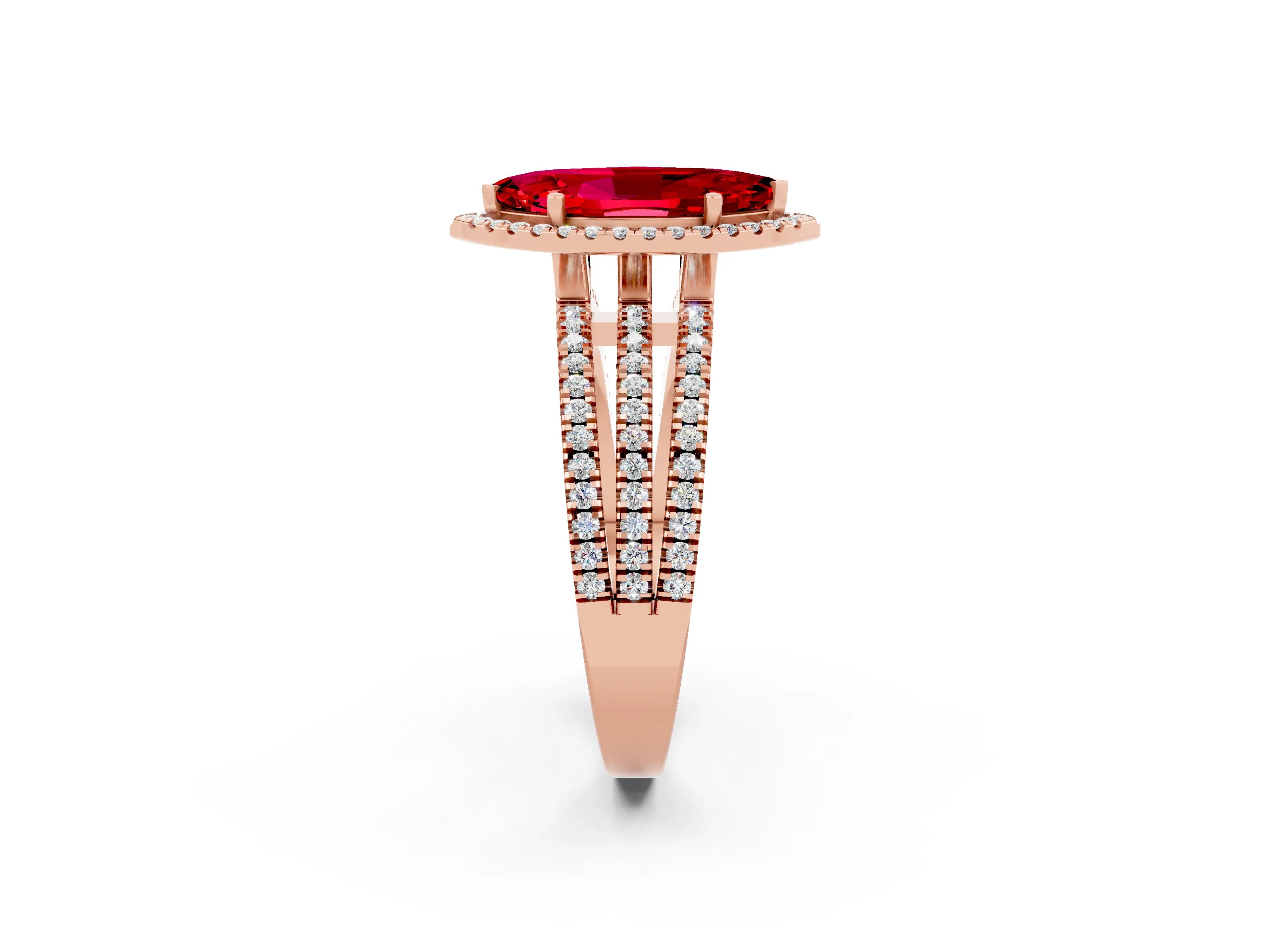 Rose gold {shape_name} Ruby Halo Engagement Ring with Split Shank and Four-Prong Setting_2