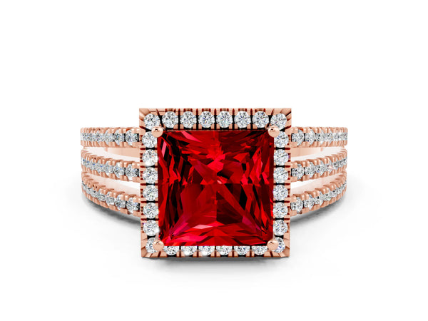 Rose gold Princess Cut Ruby Halo Engagement Ring with Split Shank and Four-Prong Setting