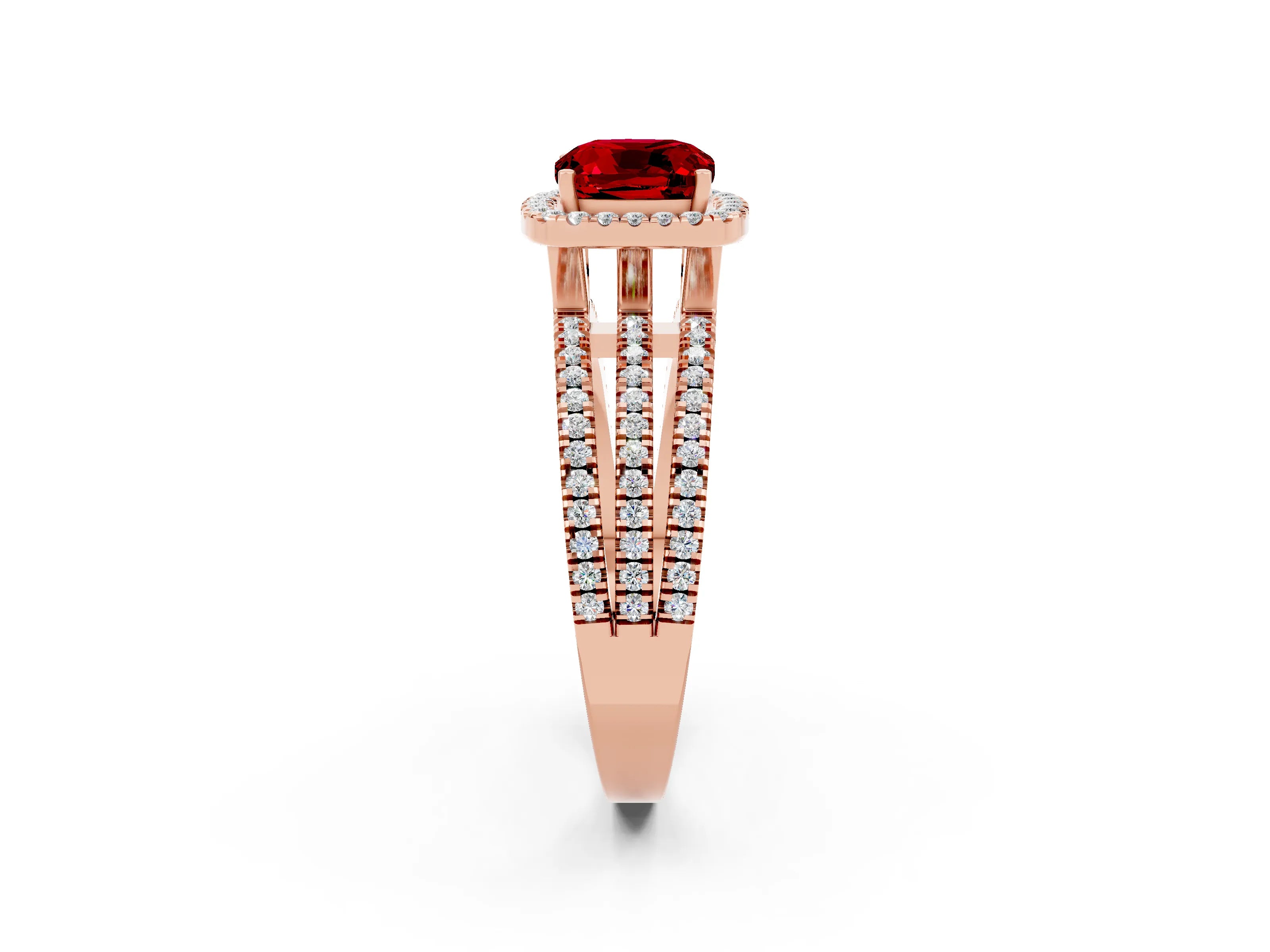 Rose gold {shape_name} Ruby Halo Engagement Ring with Split Shank and Four-Prong Setting_2
