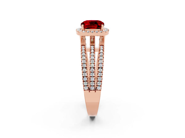 Rose gold Cushion Cut Ruby Halo Engagement Ring with Split Shank and Four-Prong Setting