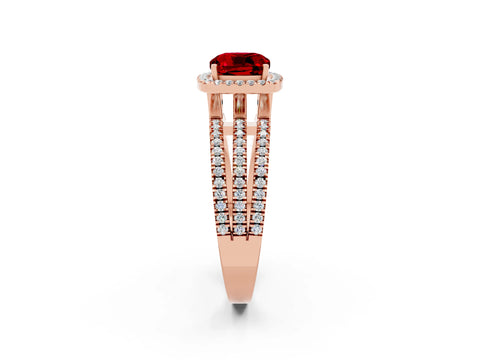 Rose gold {shape_name} Ruby Halo Engagement Ring with Split Shank and Four-Prong Setting_2