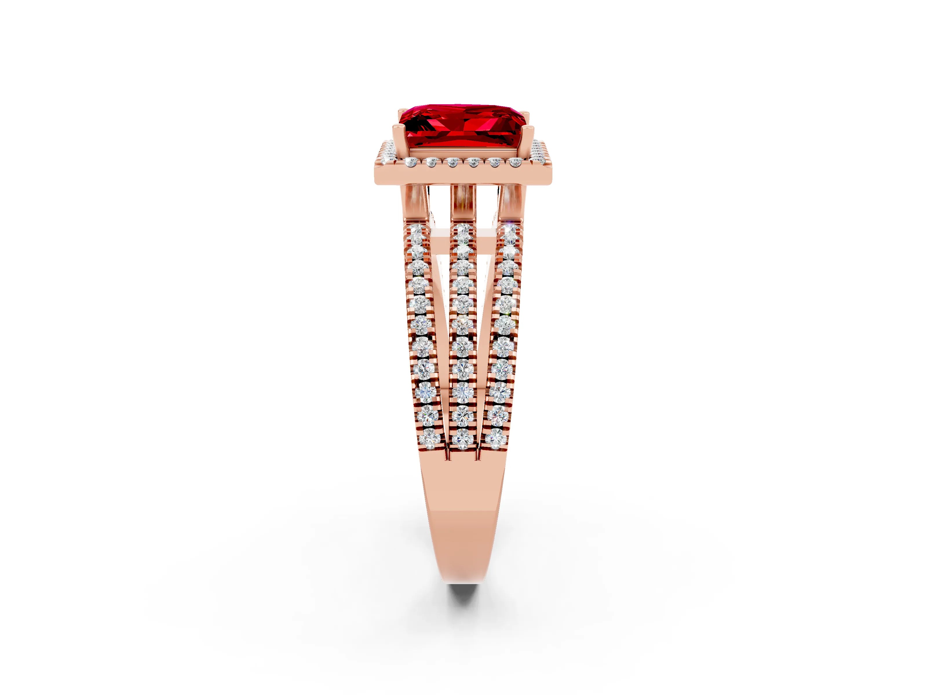 Rose gold {shape_name} Ruby Halo Engagement Ring with Split Shank and Four-Prong Setting_2