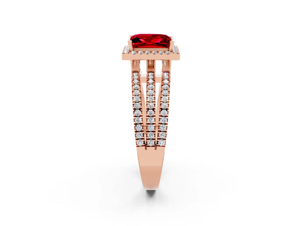 Rose gold Princess Cut Ruby Halo Engagement Ring with Split Shank and Four-Prong Setting