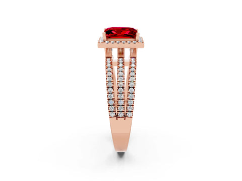 Rose gold {shape_name} Ruby Halo Engagement Ring with Split Shank and Four-Prong Setting_2
