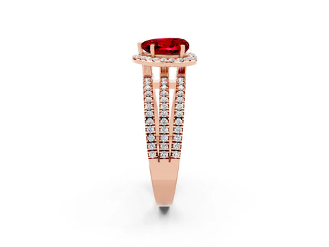 Rose gold {shape_name} Ruby Halo Engagement Ring with Split Shank and Four-Prong Setting_2