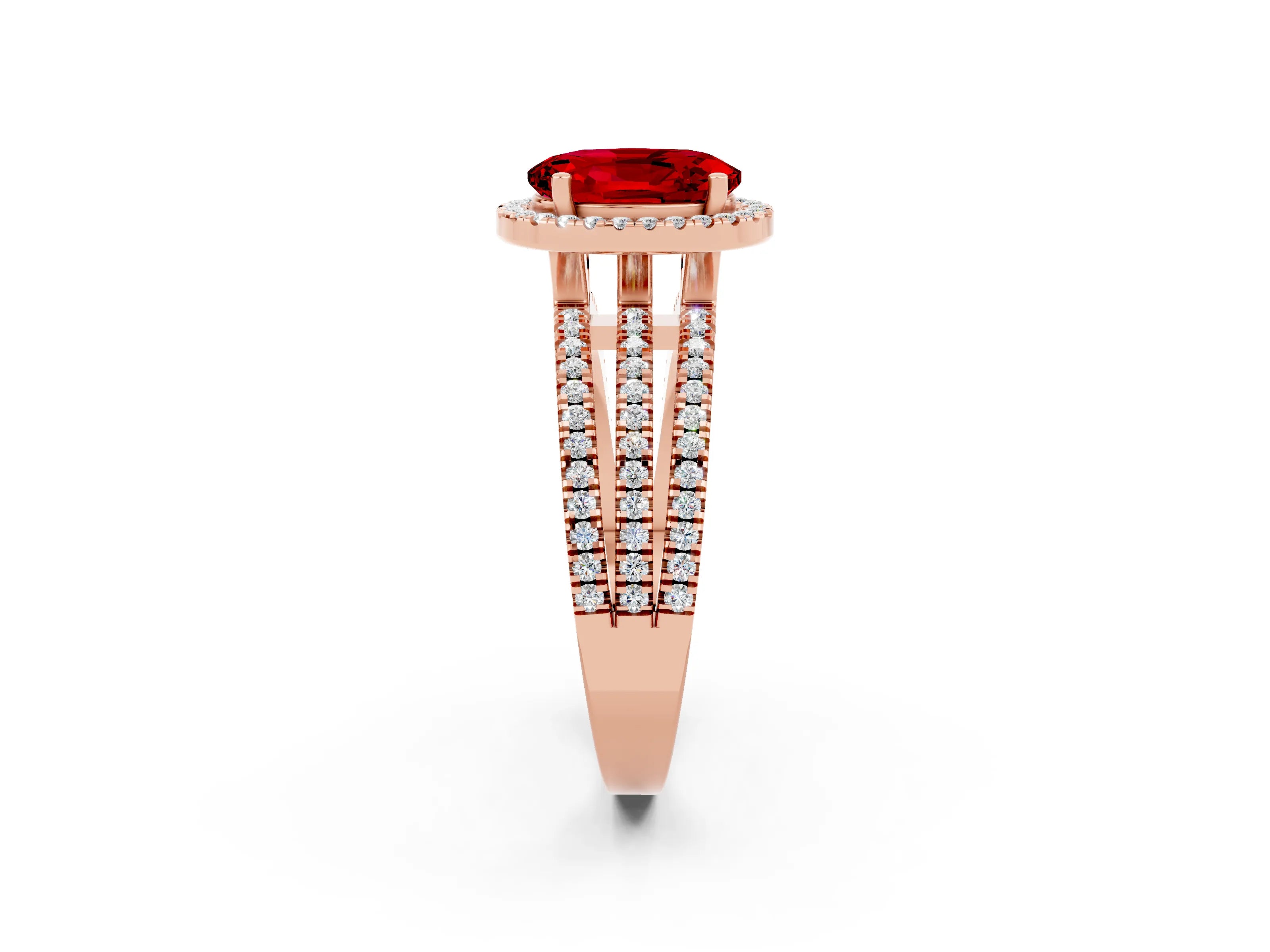 Rose gold {shape_name} Ruby Halo Engagement Ring with Split Shank and Four-Prong Setting_2
