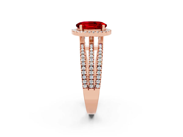 Rose gold Oval Cut Ruby Halo Engagement Ring with Split Shank and Four-Prong Setting