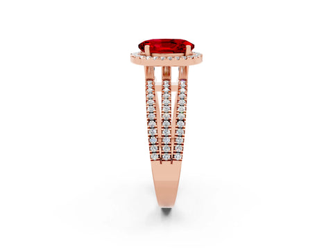 Rose gold {shape_name} Ruby Halo Engagement Ring with Split Shank and Four-Prong Setting_2