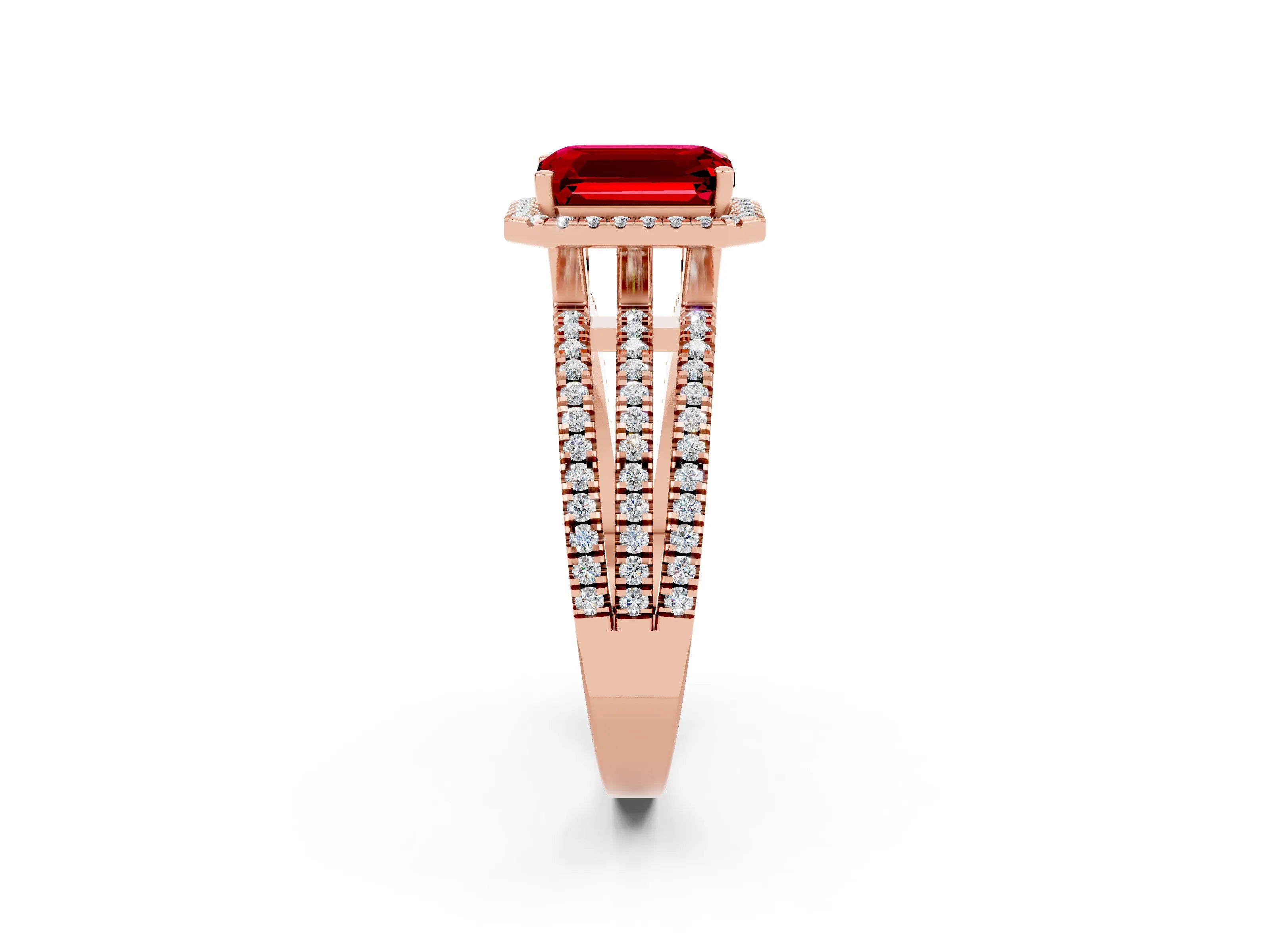 Rose gold {shape_name} Ruby Halo Engagement Ring with Split Shank and Four-Prong Setting_2