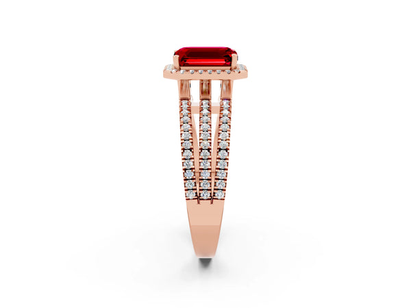Rose gold Emerald Cut Ruby Halo Engagement Ring with Split Shank and Four-Prong Setting