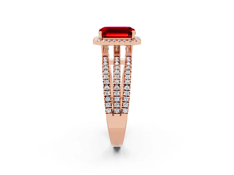 Rose gold {shape_name} Ruby Halo Engagement Ring with Split Shank and Four-Prong Setting_2