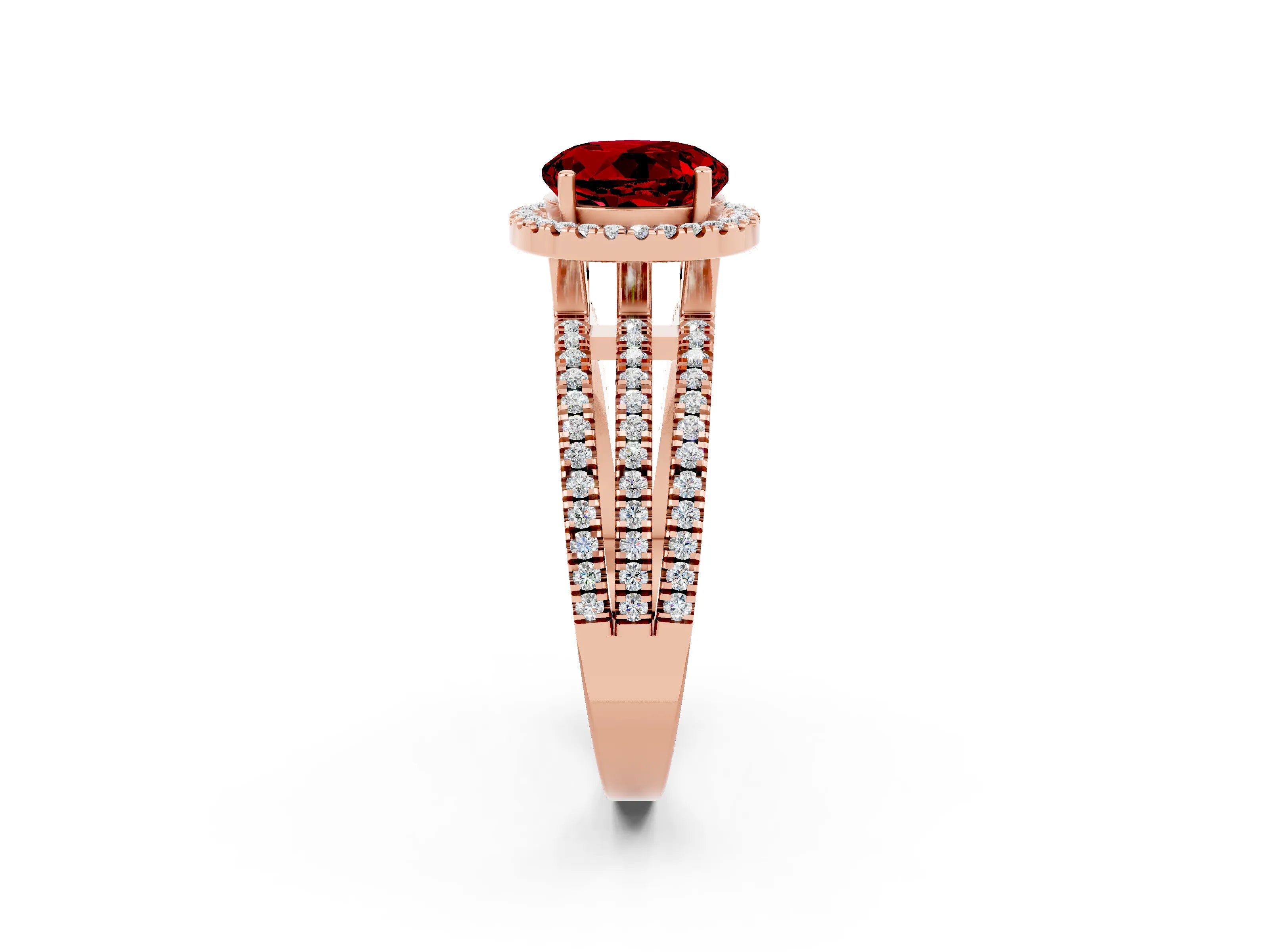 Rose gold {shape_name} Ruby Halo Engagement Ring with Split Shank and Four-Prong Setting_2