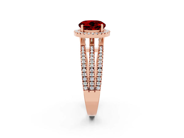 Rose gold Round Cut Ruby Halo Engagement Ring with Split Shank and Four-Prong Setting