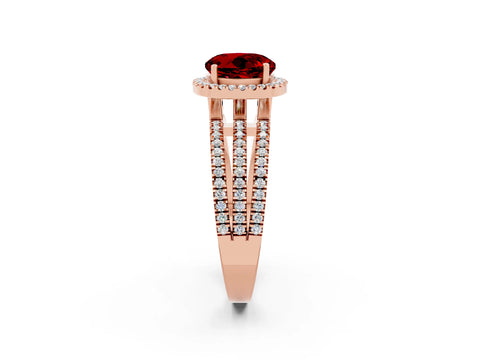 Rose gold {shape_name} Ruby Halo Engagement Ring with Split Shank and Four-Prong Setting_2